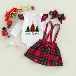 Clothing Sets Christmas Baby Girls Skirt Long Sleeve Tree Letters Print Romper Plaid/Tree Suspender Headband Baby's