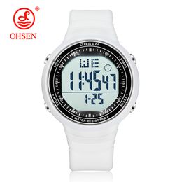 OHSEN Digital LCD Sport Men Wristwatch Relogio Masculino 50M Waterproof Alarm Date Rubber Fashion White Outdoor Sport Watch Gift