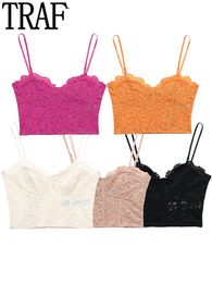 Women's Tanks Camis TRAF Black Lace Top Female Sexy Corset Crop Top Women Woman Orange Cut Out Tank Tops Backless Summer Bustier Tops Y2k Camis 230712