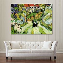 Canvas Wall Art Village Street and Steps in Auvers with Figures Vincent Van Gogh Painting Handmade Artwork Modern Studio Decor