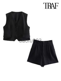 Women's Two Piece Pants Dome Cameras TRAF Women Fashion Front Buttons Waistcoat And High Waist Bermuda Shorts Female Two Pieces Sets Mujer J230713