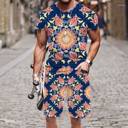 Men's Tracksuits Men Summer Tracksuit Sets Fashion Retro Floral Pattern Suit 3D Print Oversized Short Sleeve T-shirt Board Shorts 2-piece