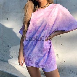 Women's Two Piece Pants Summer Women Set Tie Dye Short Sleeve Tops Shirt And Biker Shorts Casual Two Piece Set Outfits Tracksuits Basic Tshirt Shorts J230713