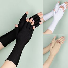 Five Fingers Gloves 1Pair Sunscreen Protection Fingerless Long Gloves Women Arm Cool Summer Solid Mittens Half Finger Sleeves Black White Nude 230712