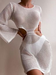 Women's Swimwear Women Beach Bikini Cover-Ups Dress Long Sleeve Crochet See-Through Hollow Out Knitted Mini Swimsuits