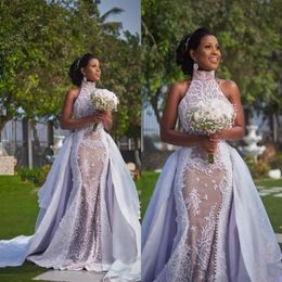 Plus Szie African Wedding Dresses with Detachable Train 2022 Modest High Neck Puffy Skirt Sima Brew Country Garden Royal Wedding G313E