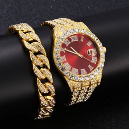 Wristwatches 2 Pcs Watchbracelet Hip Hop Stainless Steel Gold Color Calendar Watch For Men Iced Out Paved Rhinestones Men Watch Reloj Hombre 230712