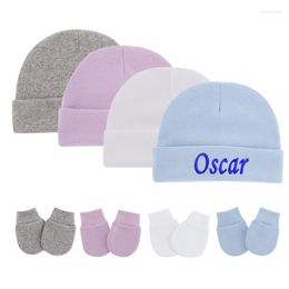 Berets Custom Embroidery Name Baby Beanies Cute Hat & Mittens Cotton Stretchy Boys Girls Warm Cap Gloves Shower Gifts