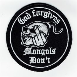 New God Forgives Mongols Don't Motorcycle Club Biker Embroidered Patch Iron On Clothing Front Jacket Vest Rider Patch 3 5&quo282M