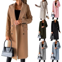 2023 Autumn/Winter New Women's Wool Long sleeved Lady Blends Outerwear Fashion Lapel Neck Polo Collar Solid Colour Double breasted Slim Fit Coat