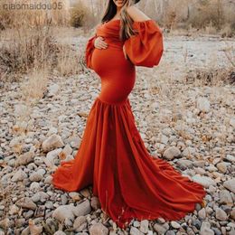 Maternity Dress for Photo Shoot Sexy Women Off Shoulder Chiffon Long Sleeves Mermaid Pregnancy Maxi Gown Dress Photography Props L230712