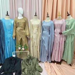Ethnic Clothing 3Piece Matching Muslim Sets Turkey Hijab Dress Eid Abayas For Women Dubai Arabic Islam Outfit Open Abaya Kimono Wrap Front