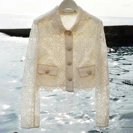 Women's Jackets EOS 2023 Summer Women Crystal Button Floral Lace Classic Collar Hollow-out High Quality Wave Hem Jacket