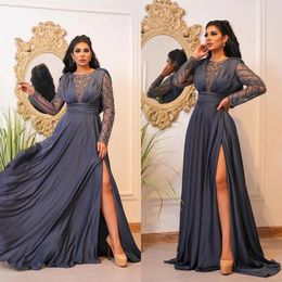 Chiffon Navy Beaded Mother Of The Bride Dresses Long Sleeve Prom Gown Evening Vestidos Formal Dress