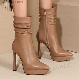Boots Women Ankle Boots Real Leather Pleated Platform 12.5CM High Heels Side Zip Booties Ladies Shoes Woman Big Size 33 38 41 T230713