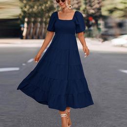 Party Dresses Summer Maxi Dress Women Vintage Square Collar Puff Sleeve Pleated High Waist Boho Sexy Off Shoulder Elegant Robe Ladies