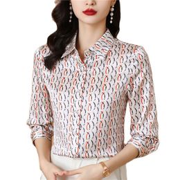 2023 Luxusdesigner Seiden gestreifte Blusen Langarm Frauen Runway Button Shirts Frühling Herbst Office Ladies Elegante Reversbluse Süßes Mädchen Casual Satin Tops