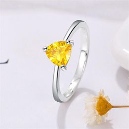 Wedding Rings Yellow Crystal Small Triangle Stone Ring Geometric Pink Zircon Thin Engagement For Women Classic Silver Color Boho Jewelry