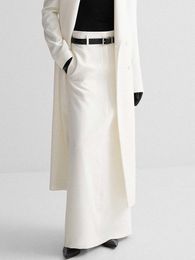 Skirts Pocket Solid Skirt Women 2023 Spring Fashion Low Rise Waist A line Straight White Faldas Bottom Simple Elegant Slit Maxi 230712