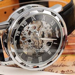 Wristwatches skeleton hollow fashion mechanical hand wind men luxury male business leather strap Wrist Watch relogio 230712