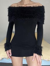 Casual Dresses SEASONS Furry Slash Neck Bodycon Party Women Dress Off Shoulder Female Basic Sexy Mini Winter Evening Costume ASDR86070