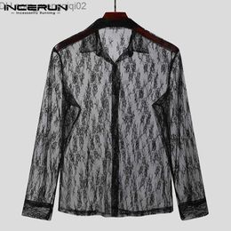 Men's Casual Shirts Men's mesh shirt See Through Sexy long sleeved lapel button up shirt Fashion street clothing Party nightclub shirt Camisas S-5XL INCERUN Z230713