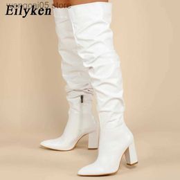 Boots Eilyken Winter Women Over-the-Knee Boots Punk Style Square High Heel Zipper Shoes Pleated Pointed Toe Ladies Long Booties T230713