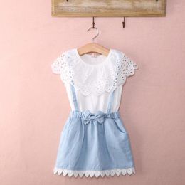 Girl Dresses Baby Girls Patchwork Dress White Lace T-Shirt Top With Blue Bow Strap Skirt 2-7Y Kids Children Summer Sundress Princess