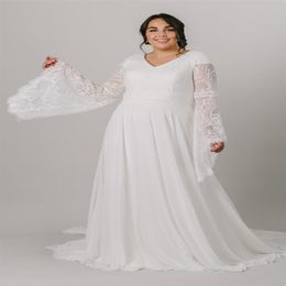 2021 Plus Size A-line Boho Modest Wedding Dresses Long Bell Sleeves V Neck Simple Chiffon Informal Bridal Gowns Bride Gown Custom 200S