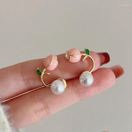 Stud Earrings South Korea Sweet Fairy Girl Pink Flower Ins Style Pearl Earring Enamel Jewellery