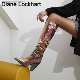 Boots Slouch Wrinkle Women Boots Colorful Pointed Toe Thick Heels Folds Boots Woman Fashion Bling Leather Knee High Boots Winter Shoes T230713