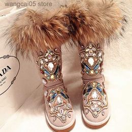 Boots New Winter Snow Boots Women Real Fur Rhinestone Handmade Warm Flat Ankle Boots Genuine Leather Comfortable Casual Shoes Women T230713