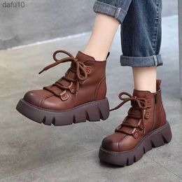 Lace Up Elegant Woman Boots Flat Heel Round Toe Shoes Winter Footwear Boots-Women Ankle Genuine 2023 High Heel Rock Ladies Autum L230704