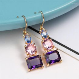Dangle Earrings Luxury Female Purple Crystal Drop Earring Yellow Gold Color Wedding For Women Trendy Geometric Long