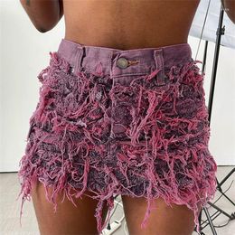 Skirts Tassel Summer Shorts For Women Micro Denim Skirt Fashion Button High Waist Jeans Petticoat Female Y2K Streetwear