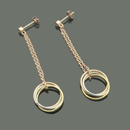 Stainless Steel Fashion Single Diamond Hanging Three Ring Interlaced Long Earrings for Couples Three Colour Three Ring Earrings