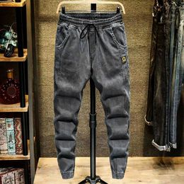 Mens Jeans Trendy Men Elastic Waist Streetwear Bottoms High Ankle Tied Harem Pants 230712