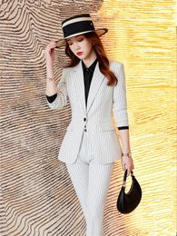 Women's Two Piece Pants White Striped Suit Sets For Women 2023 Spring Autumn In 2 Pieces Black Blazer And Trousers Female Business Outfit