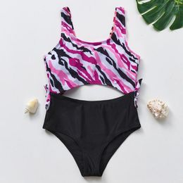 Women's Swimwear 5-14 Years Girls Patchwork One Piece Swimsuit Kids Cut Out Children's Knot Side Teenager Bathing Suit Summer Beachwear