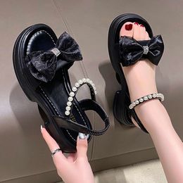 Sandals Bowtie Crystal Thick Platform Sandals Women Fashion Pearl Strap Med Heel Sandles Woman Summer Back Elastic Band Open Toe Shoes 230713