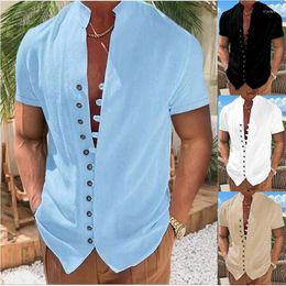 Men's Casual Shirts 2023 Summer Cotton Linen Mens Short Sleeve Solid Colour Stand-Up Collar Tops Blouses Camisa Streetwear