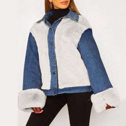 Women's Jackets Ladies Denim Coat Loose Single Breasted Lapel Plush Stitched Warm Jacket Long Sleeve Warmth