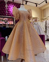 Sparkling Sequin Gold Princess Prom Dresses Tea Length Robes De Soiree Arabic Dubai Evening Dress Puff Formal Party Ball Gowns