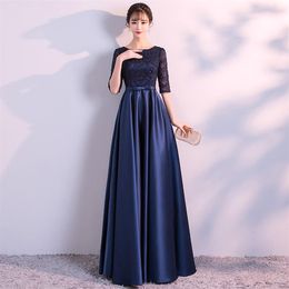 Navy Blue Noble Women Satin Half Sleeve Lace Dress Sexy Slim Full Length Evening Party Dresses Improved O-Neck Dancing Vestidos238T