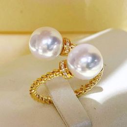 Huitan Double Simulated Pearl Opening Adjustable Finger Ring for Women Gold Colour Twist Band Temperament Elegant Female Jewellery