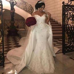 2023 Luxury Mermaid Wedding Dresses Bridal Gowns With Overskirts Off Shoulder Lace Ruched Sparkle Rhinstone Dubai stain Vestidos D2157