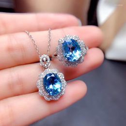 Necklace Earrings Set Yanleyu Luxury Bridal Engagement Party Created Sapphire Open Size Ring&Pendant For Women PS012