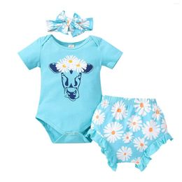 Clothing Sets Baby Girl 3Pcs Outfit Short Sleeve Bull Head Printed Romper Daisy Flower Print Shorts Headband Clothes Suits