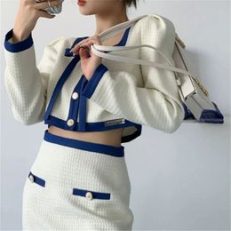 Ladies' long sleeve high waist tweed bow square collar Colour matching splicing Woollen coat and desinger skirt two-piece suit SML