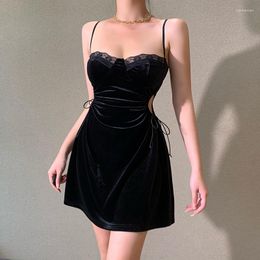 Casual Dresses Gothic Sexy Black Velvet Dress Women Sleeveless Lace Trim Drawstring Party Fashion Elegant Vintage Y2k Outfits